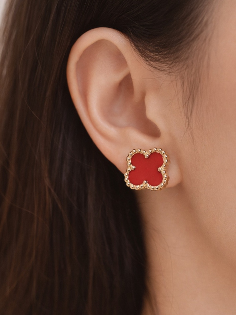 🎂Gold & Red Clover Stud Earrings